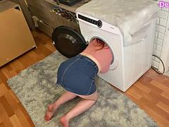 Deylamoons Cheating Big Tits Stepmom Trapped in Washer, Lesbian Toy Rescue