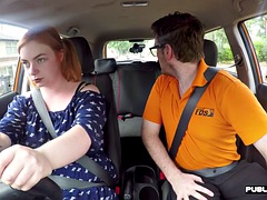 Big redhead sucks and rides driving tutor in car