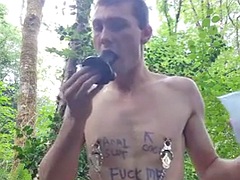 Sloppy homosexual gagging in a public forest covered in his own sissyfaggotbilly mess