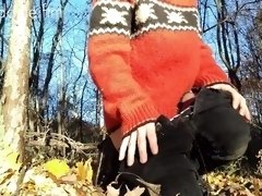 FTM transman caught masturbating in fall leaves in park in a sweater
