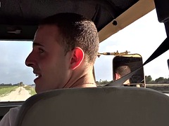 Military jock fucked outdoors in the army van by his colleague