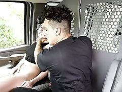 sexy brunette get a huge dick in the back of the van